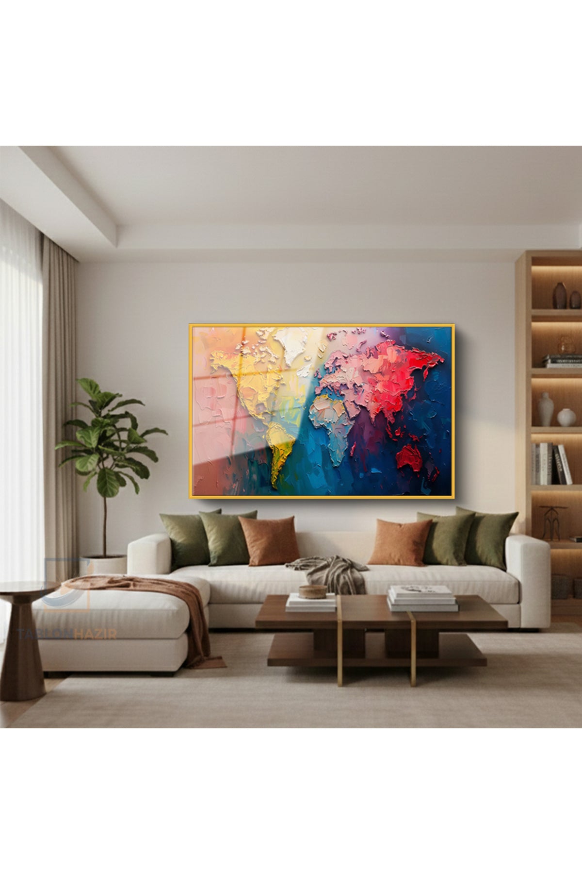 Çerçeveli Yatay Cam Tablo Salon Duvar Tablosu Yatay Cam Renklidunyaharitasi Ofis Tablosu