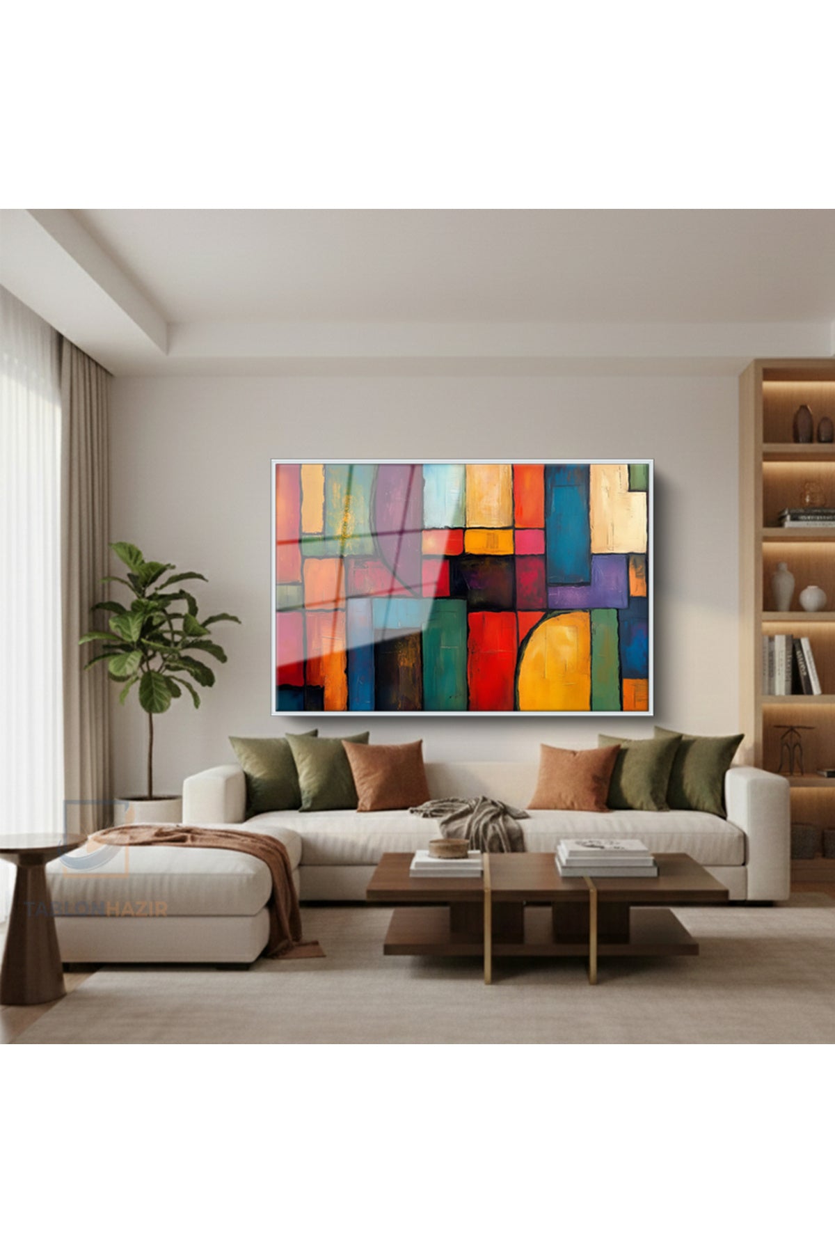 Çerçeveli Yatay Cam Tablo Salon Duvar Tablosu Yatay Cam Soyutgeometriksanat2 Ofis Tablosu