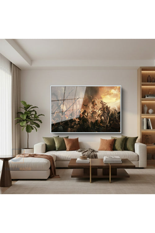 Çerçeveli Yatay Cam Tablo Salon Duvar Tablosu Yatay Cam Bes Ordular Savasi Ofis Tablosu