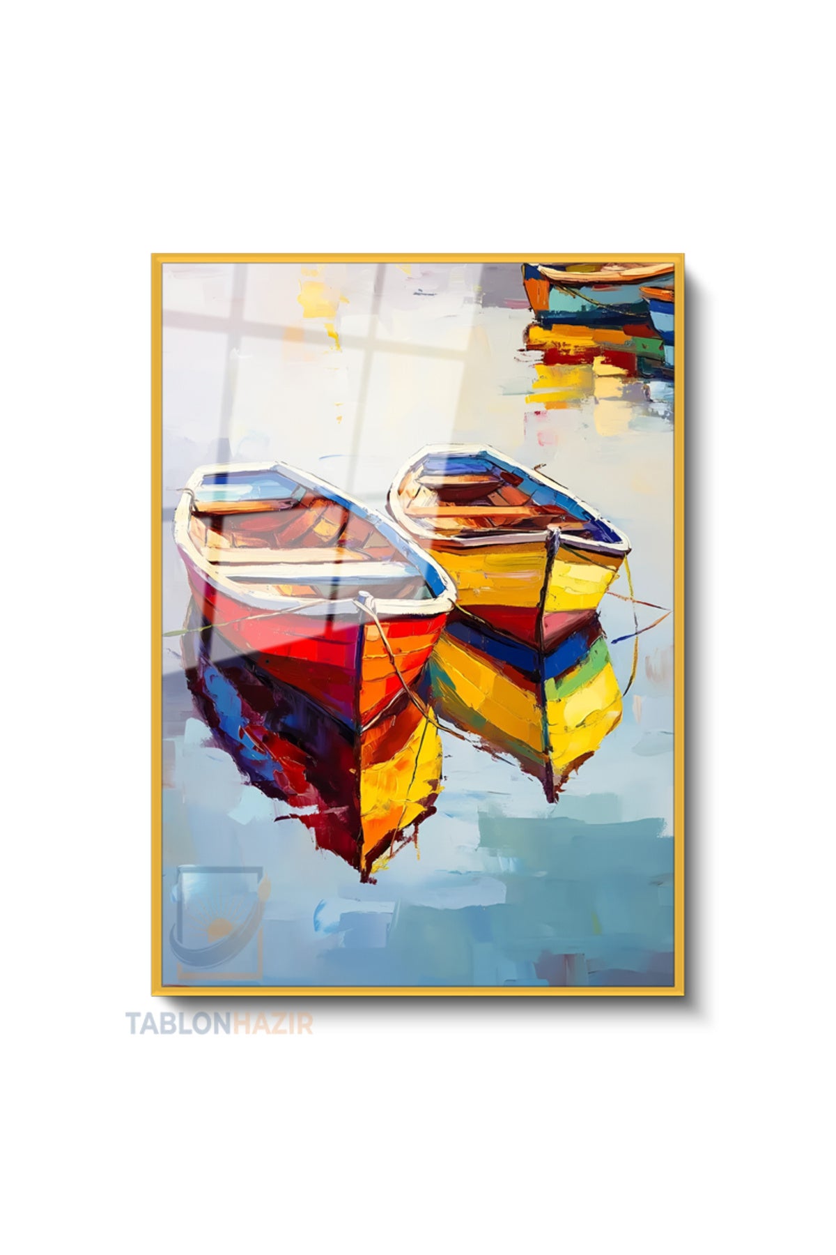 Dikey Çerçeveli Cam Kirmizi Sari Kayiklar Modern Ev Dekoru Duvar Sanatı Ev Ofis Tablosu