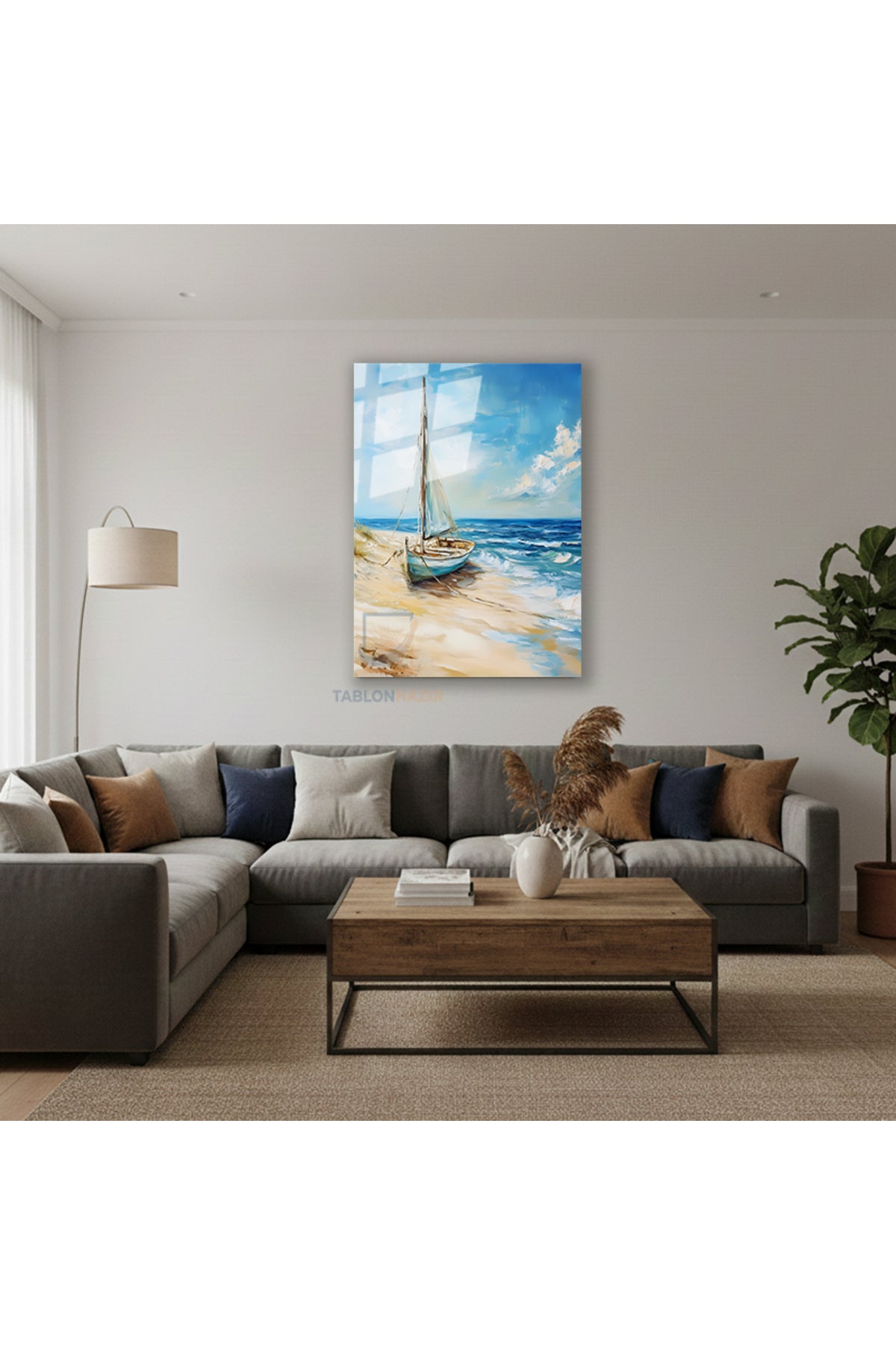 Dikey Cam Tablo Salon Duvar Tablosu Dikey Cam Kiyiya Oturan Yelkenli Yeni Ev Hediyesi Ofis Tablosu