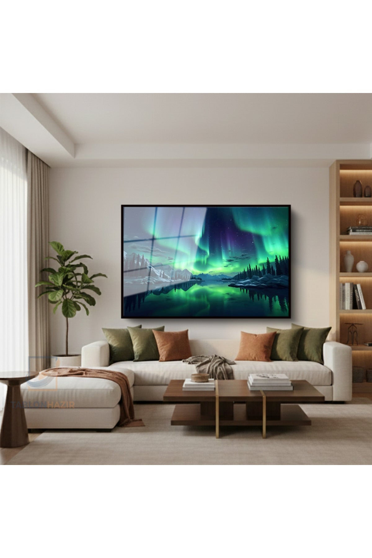 Çerçeveli Yatay Cam Tablo Salon Duvar Tablosu Yatay Cam Kuzey İsikleri Yeni Ev Hediyesi Ofis Tablosu