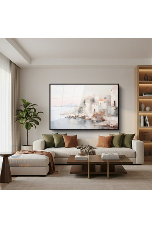 Çerçeveli Yatay Cam Tablo Salon Duvar Tablosu Yatay Cam Soyutsahilkasabasi Ofis Tablosu