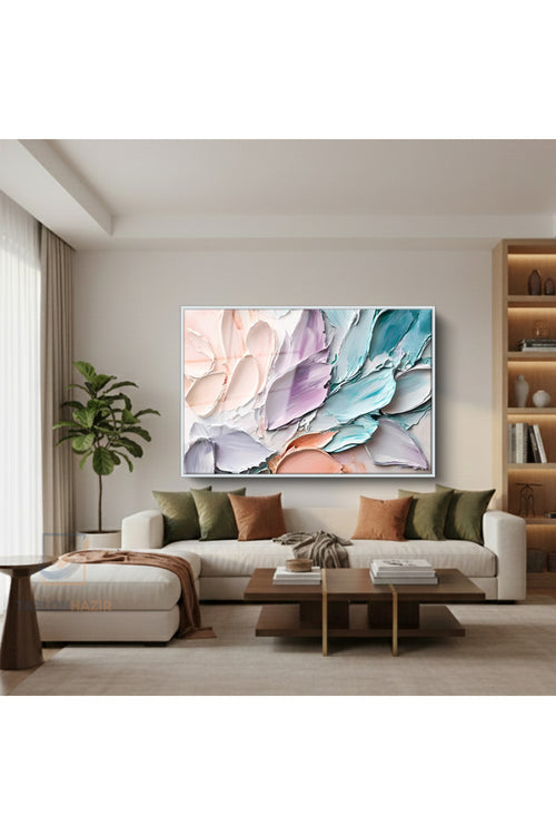 Çerçeveli Yatay Cam Tablo Salon Duvar Tablosu Yatay Cam Boya Pastel Soyut Ofis Tablosu