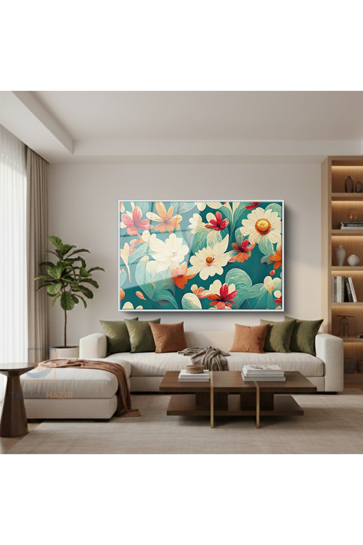 Çerçeveli Yatay Cam Tablo Salon Duvar Tablosu Yatay Cam Renklicicekler1 Ofis Tablosu