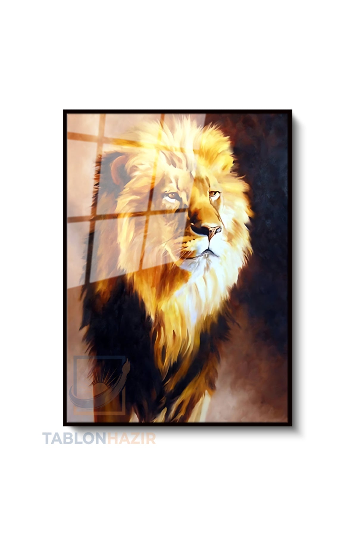 Dikey Çerçeveli Cam Aslan2 Modern Ev Dekoru Duvar Sanatı Ev Ofis Tablosu