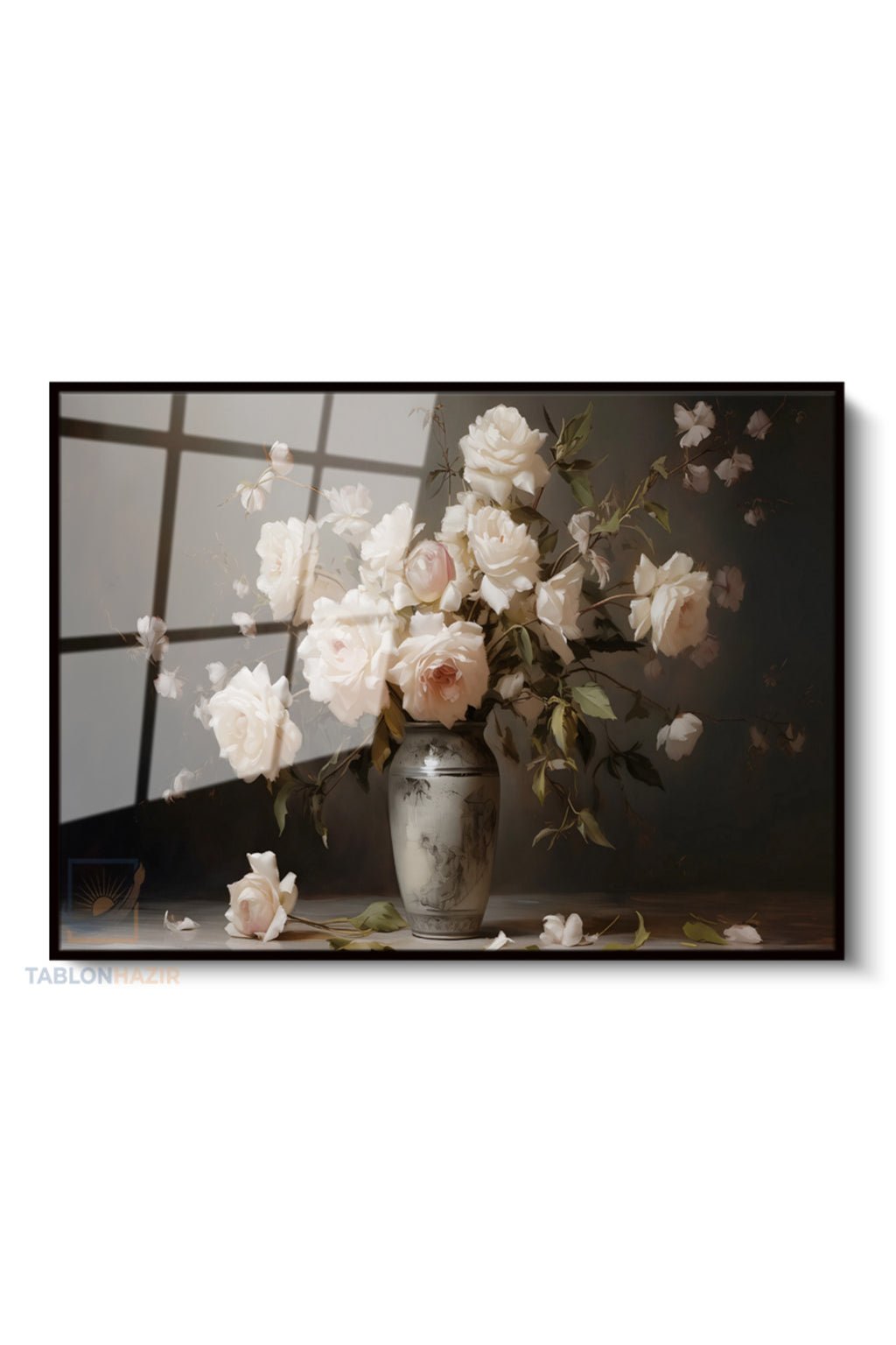 Çerçeveli Yatay Cam Tablo Salon Duvar Tablosu Yatay Cam Vazodabeyazguller Ofis Tablosu