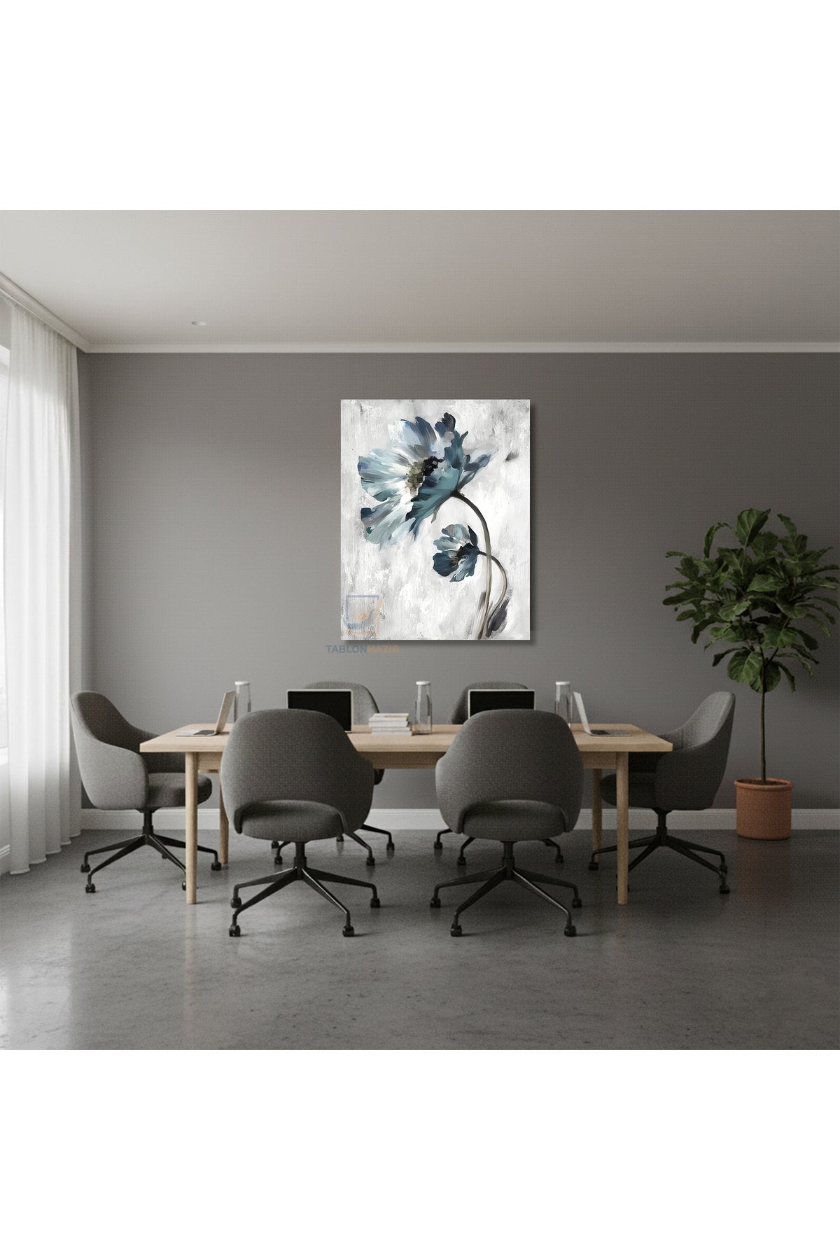 Dikey Kanvas Tablo Salon Duvar Tablosu Soyut Mavi Çiçek Yeni Ev Hediyesi Ofis Tablosu