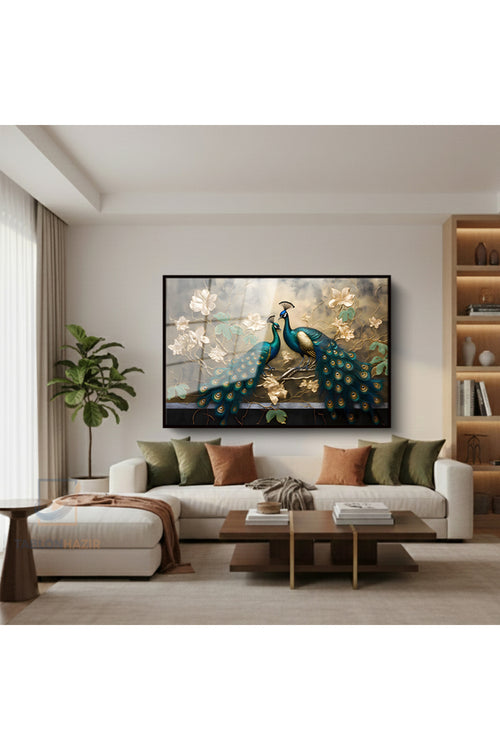 Çerçeveli Yatay Cam Tablo Salon Duvar Tablosu Yatay Cam Tavuskusu Klasik Ofis Tablosu