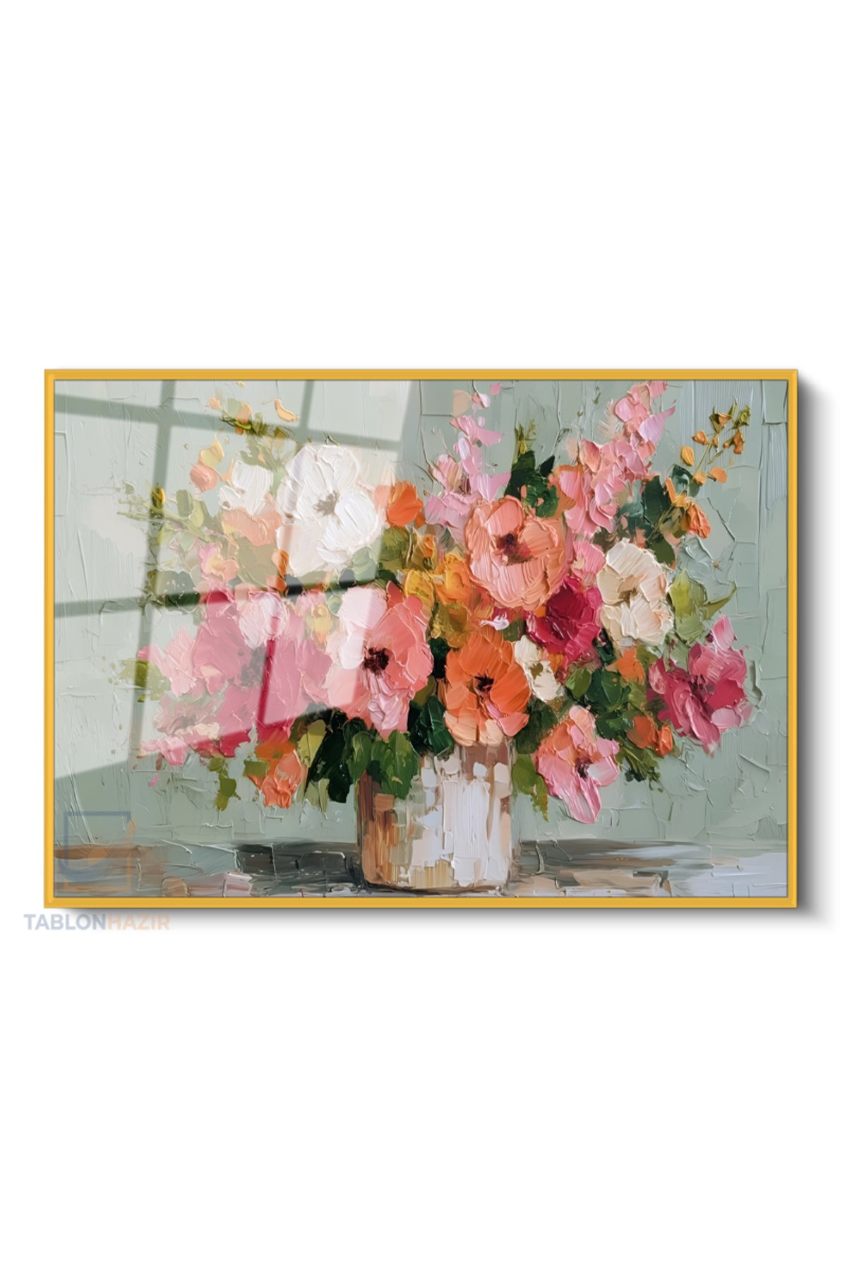 Çerçeveli Yatay Cam Tablo Salon Duvar Tablosu Yatay Cam Vazodacicekler Yeni Ev Hediyesi Ofis Tablosu