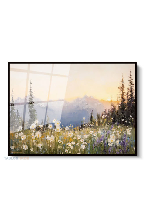Çerçeveli Yatay Cam Tablo Salon Duvar Tablosu Yatay Cam Cicek Tarlasi Yeni Ev Hediyesi Ofis Tablosu