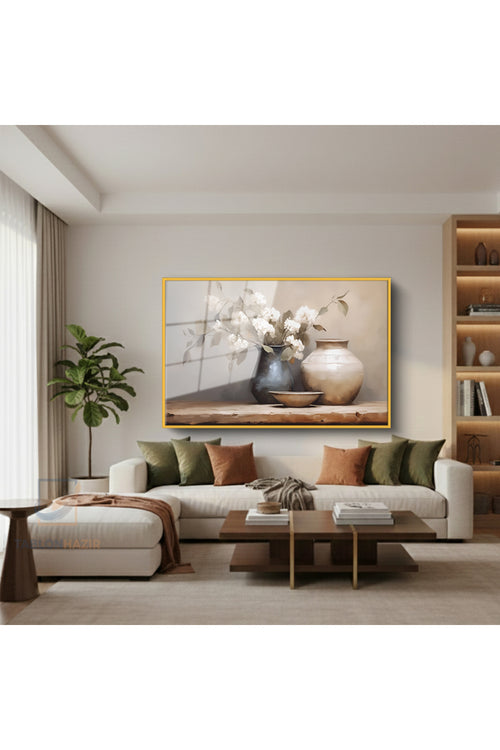 Çerçeveli Yatay Cam Tablo Salon Duvar Tablosu Yatay Cam Vazodabeyazcicekeler4 Ofis Tablosu
