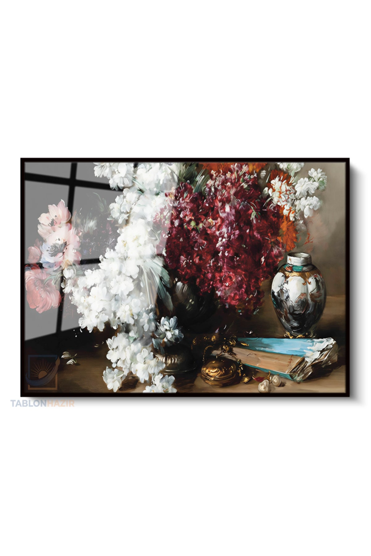 Çerçeveli Yatay Cam Tablo Salon Duvar Tablosu Yatay Cam Vintagecicekler Ofis Tablosu