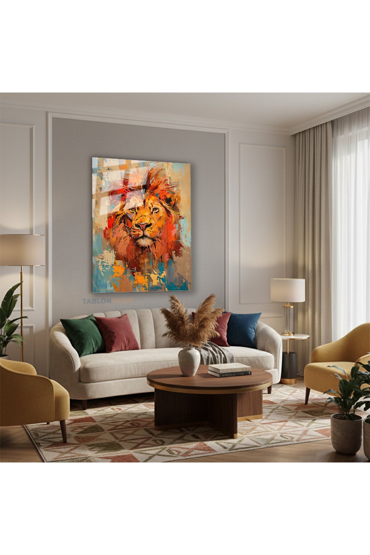 Dikey Cam Tablo Salon Duvar Tablosu Dikey Cam Aslan11 Yeni Ev Hediyesi Ofis Tablosu