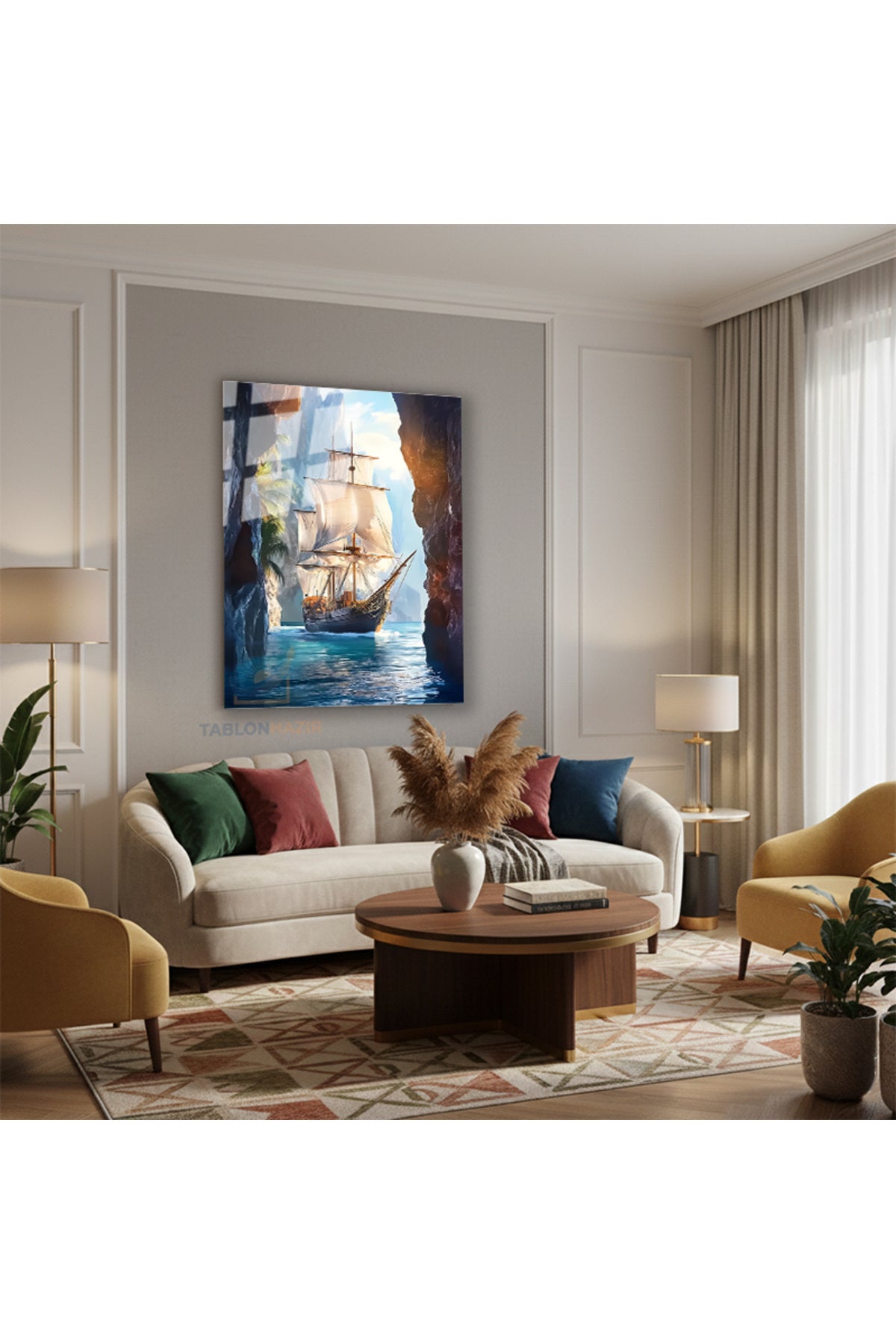 Dikey Cam Tablo Salon Duvar Tablosu Dikey Cam Büyük Yelkenli Yeni Ev Hediyesi Ofis Tablosu
