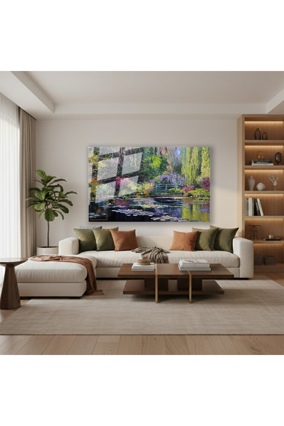 Yatay Cam Tablo Salon Duvar Tablosu Yatay Cam Bataklik Nilufer Manzara Yeni Ev Hediyesi Ofis Tablosu