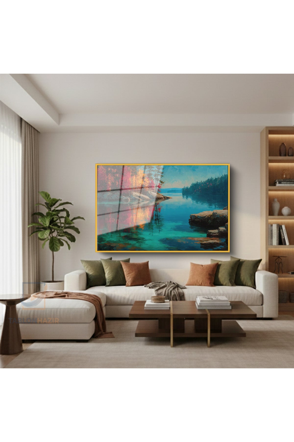 Çerçeveli Yatay Cam Tablo Salon Duvar Tablosu Yatay Cam Sonbahar Gol Yeni Ev Hediyesi Ofis Tablosu