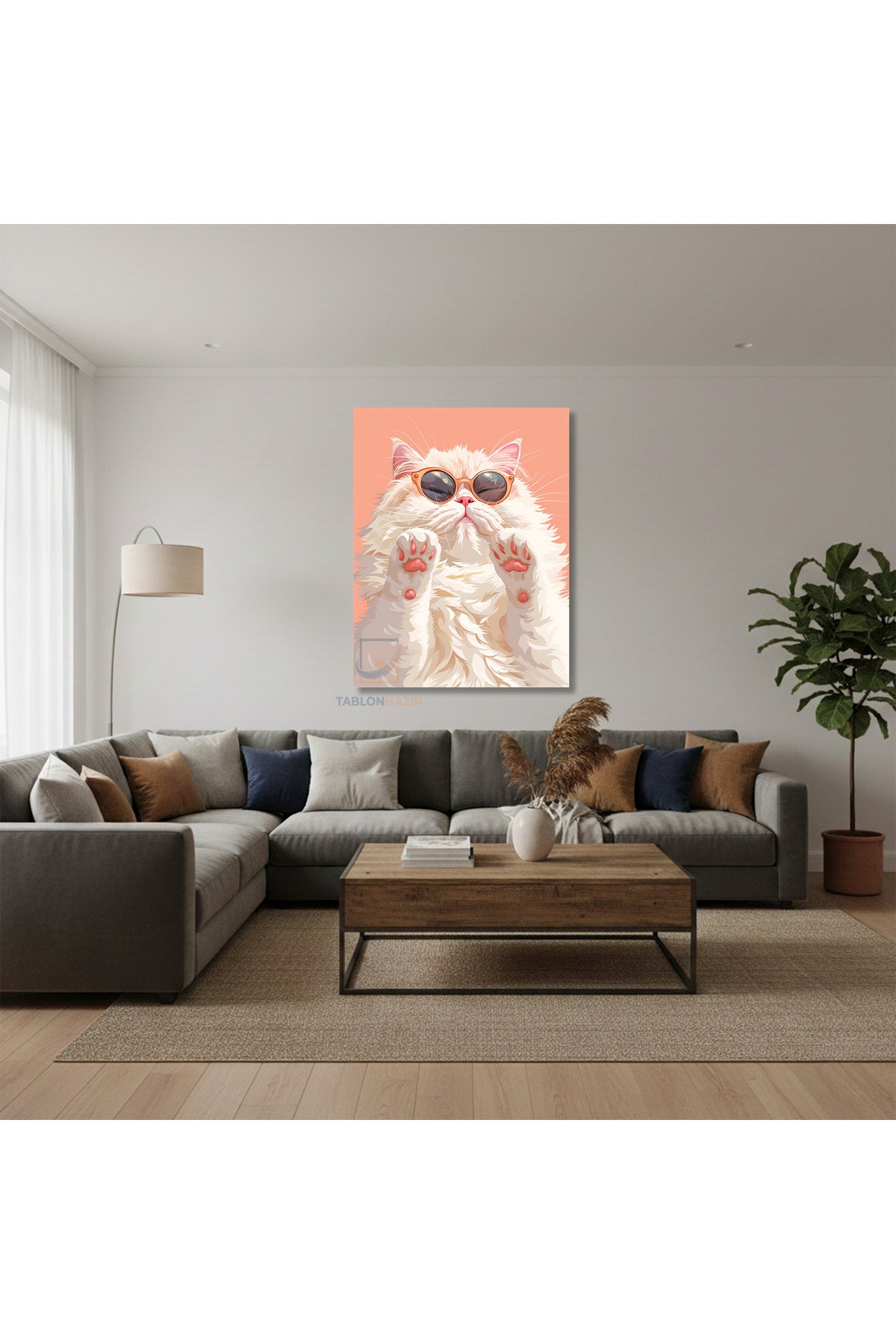 Dikey Kanvas Tablo Salon Duvar Tablosu Karizma Beyaz Kedi Yeni Ev Hediyesi Ofis Tablosu