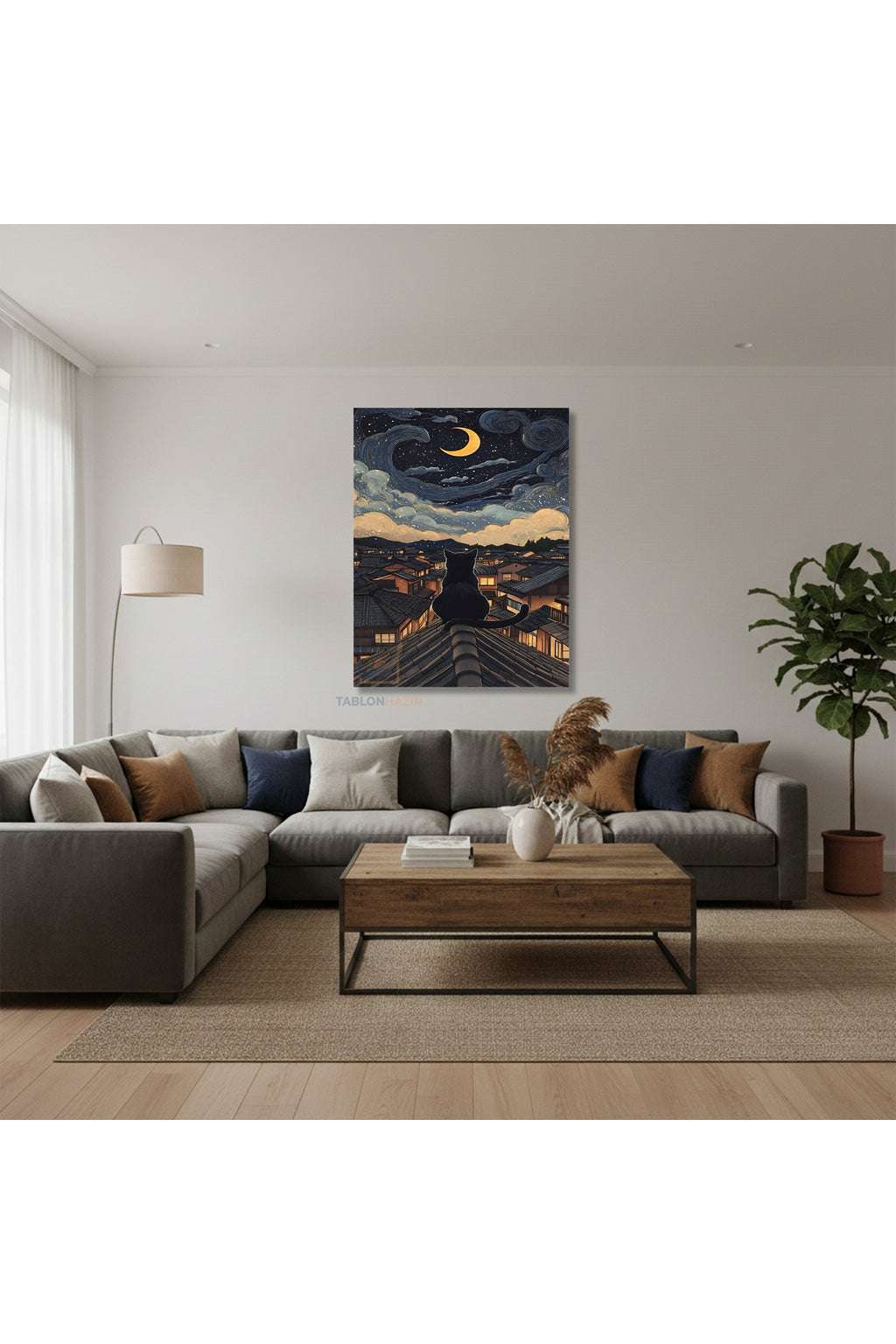 Dikey Kanvas Tablo Salon Duvar Tablosu Ay Ve Kedi Yeni Ev Hediyesi Ofis Tablosu
