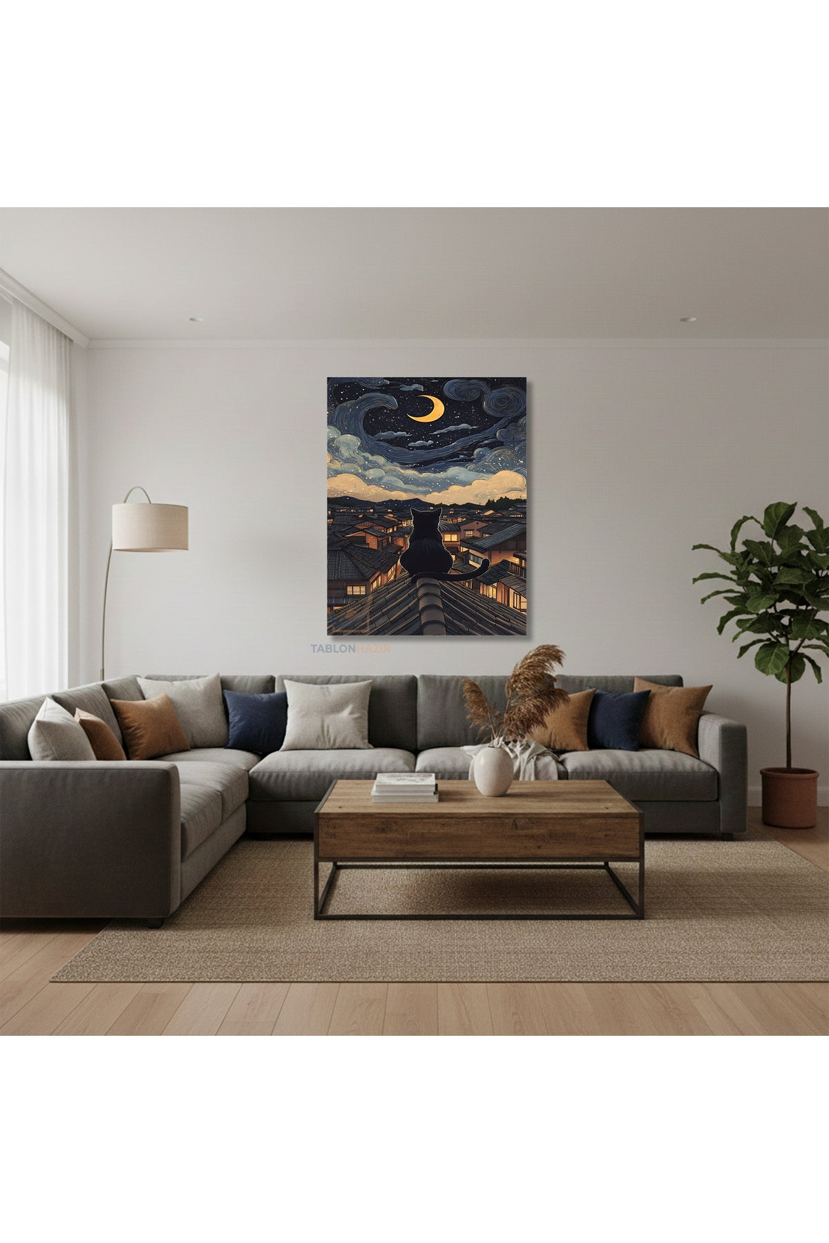 Dikey Kanvas Tablo Salon Duvar Tablosu Ay Ve Kedi Yeni Ev Hediyesi Ofis Tablosu