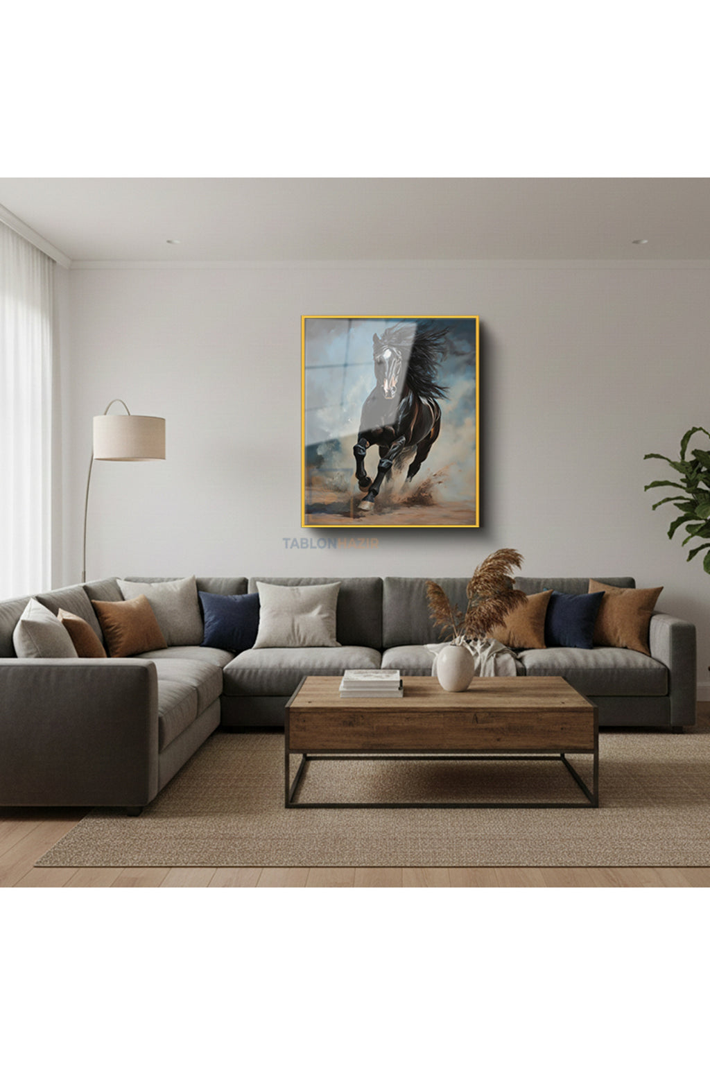 Dikey Çerçeveli Cam Siyah Kosan At Modern Ev Dekoru Duvar Sanatı Ev Ofis Tablosu