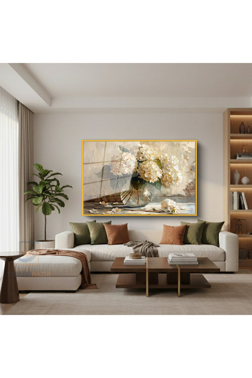 Çerçeveli Yatay Cam Tablo Salon Duvar Tablosu Yatay Cam Vazodabeyazcicekler3 Ofis Tablosu
