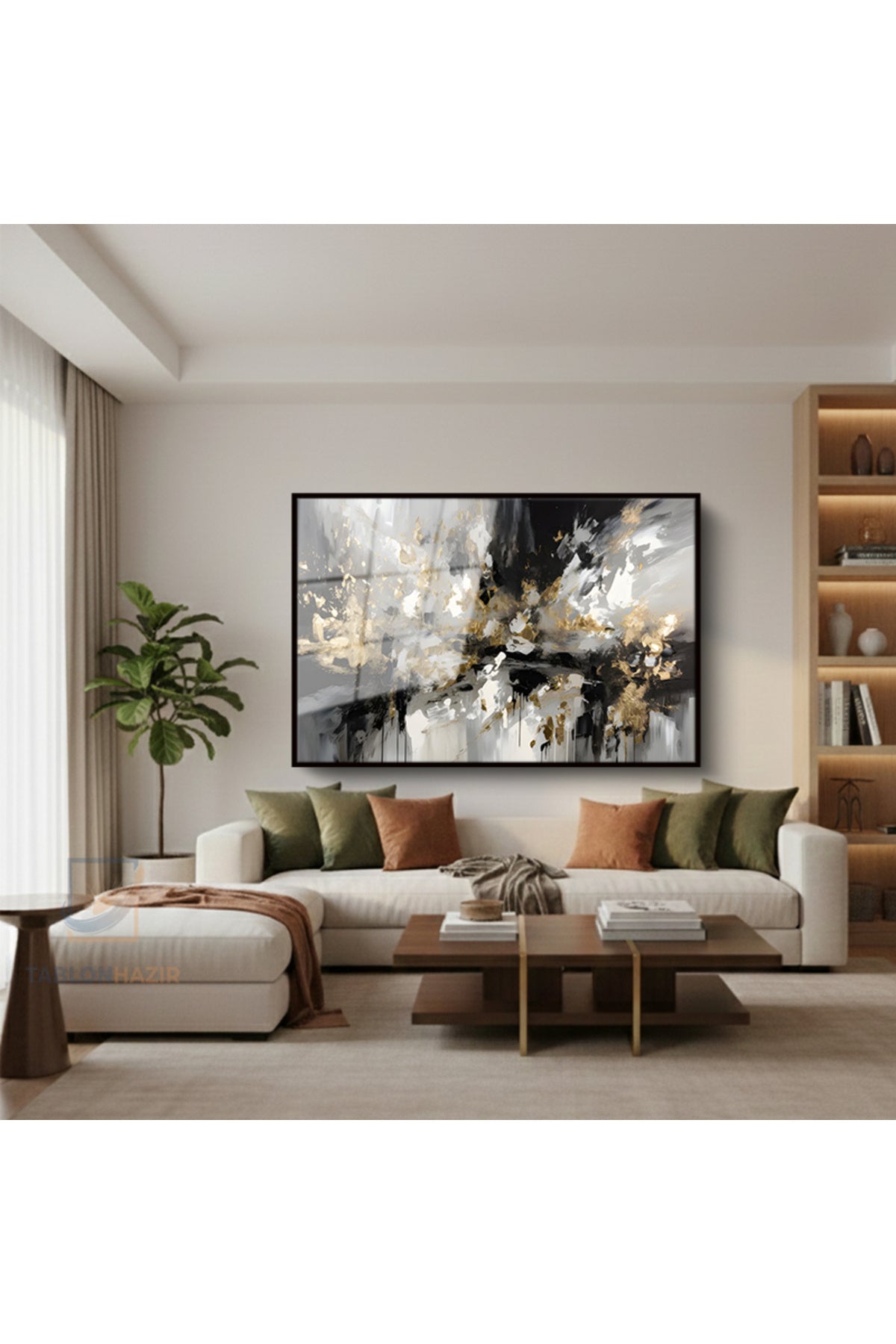 Çerçeveli Yatay Cam Tablo Salon Duvar Tablosu Yatay Cam Soyut Siyah Gri Ofis Tablosu
