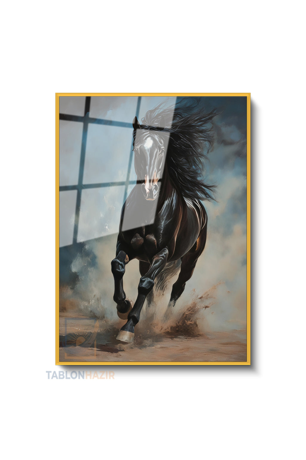 Dikey Çerçeveli Cam Siyah Kosan At Modern Ev Dekoru Duvar Sanatı Ev Ofis Tablosu