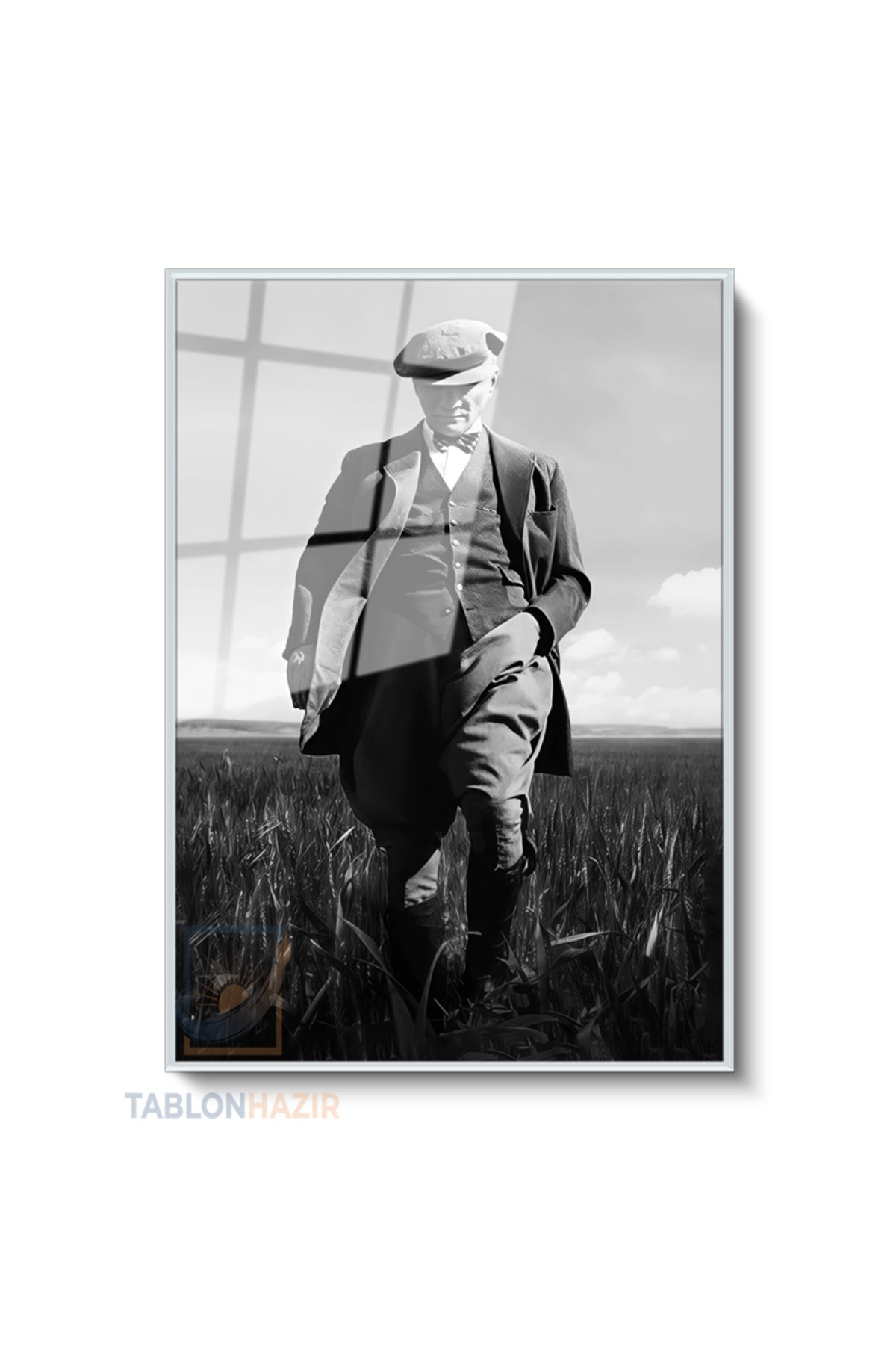 Dikey Çerçeveli Cam Tarlada Ataturk Modern Ev Dekoru Duvar Sanatı Ev Ofis Tablosu