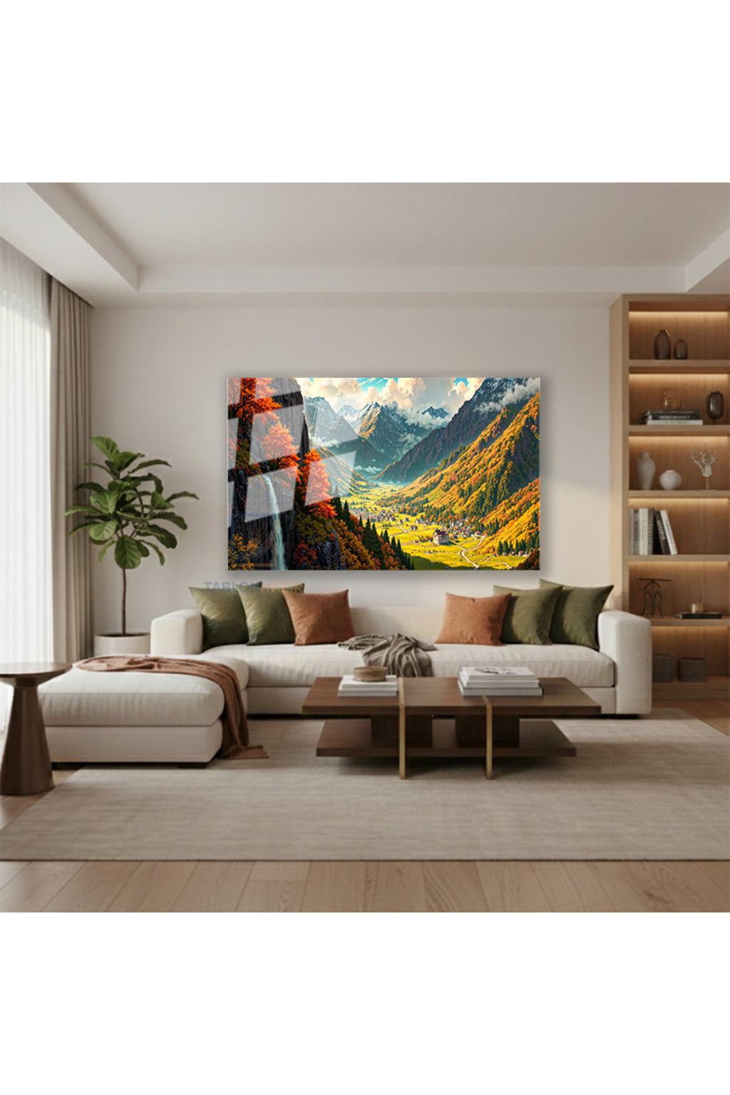 Yatay Cam Tablo Salon Duvar Tablosu Yatay Cam Selale Yaninda Sehir Yeni Ev Hediyesi Ofis Tablosu