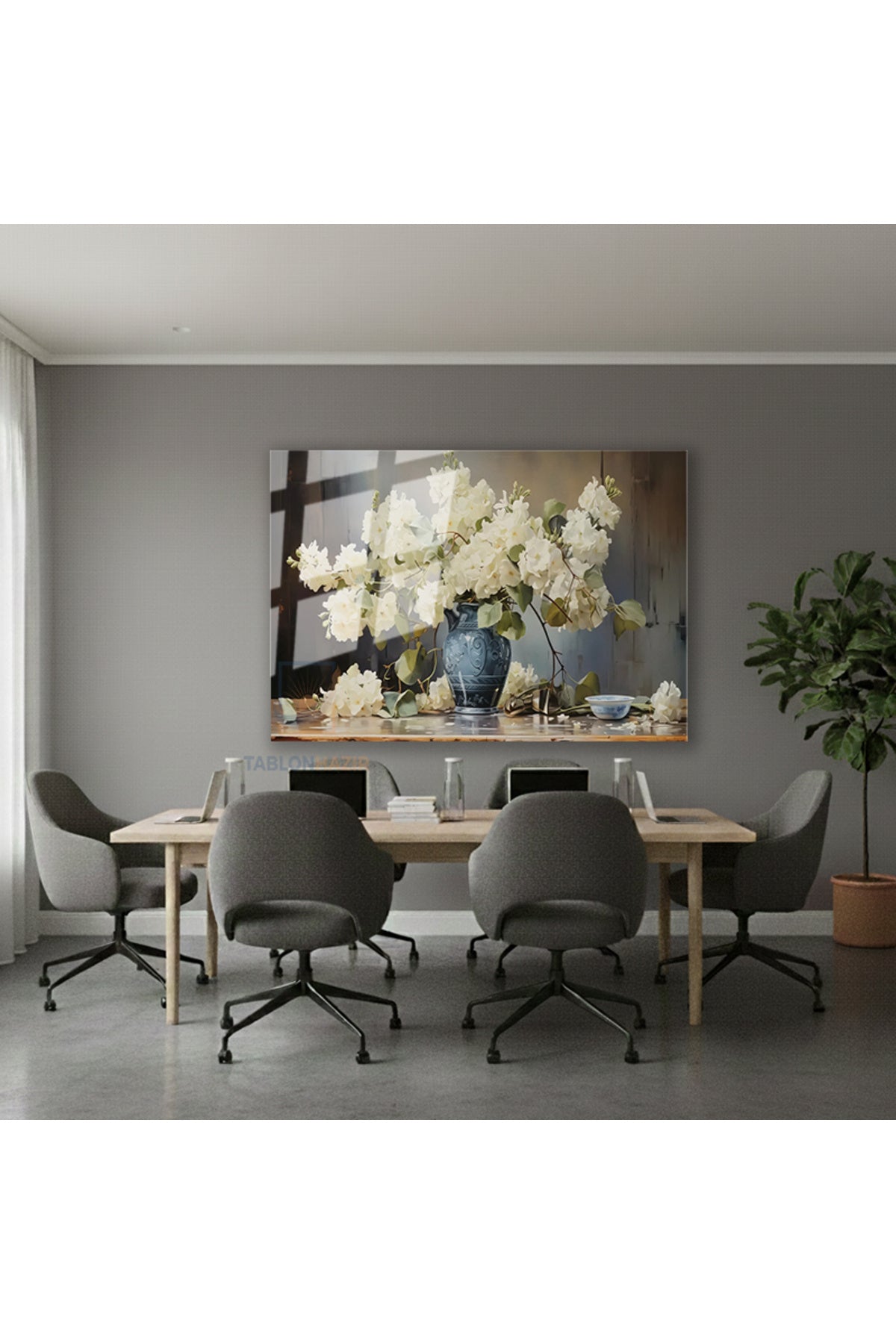 Yatay Cam Tablo Salon Duvar Tablosu Yatay Cam Vazodabeyazcicekler2 Yeni Ev Hediyesi Ofis Tablosu
