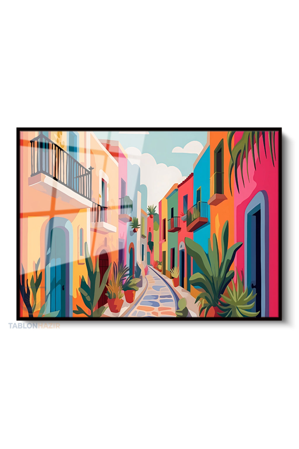 Çerçeveli Yatay Cam Tablo Salon Duvar Tablosu Yatay Cam Rekli Evler Yeni Ev Hediyesi Ofis Tablosu