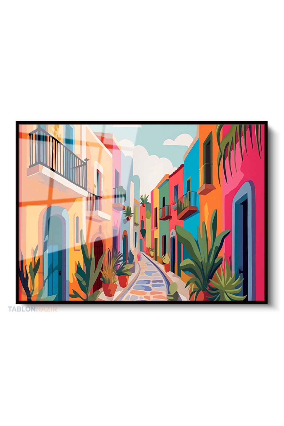 Çerçeveli Yatay Cam Tablo Salon Duvar Tablosu Yatay Cam Rekli Evler Yeni Ev Hediyesi Ofis Tablosu