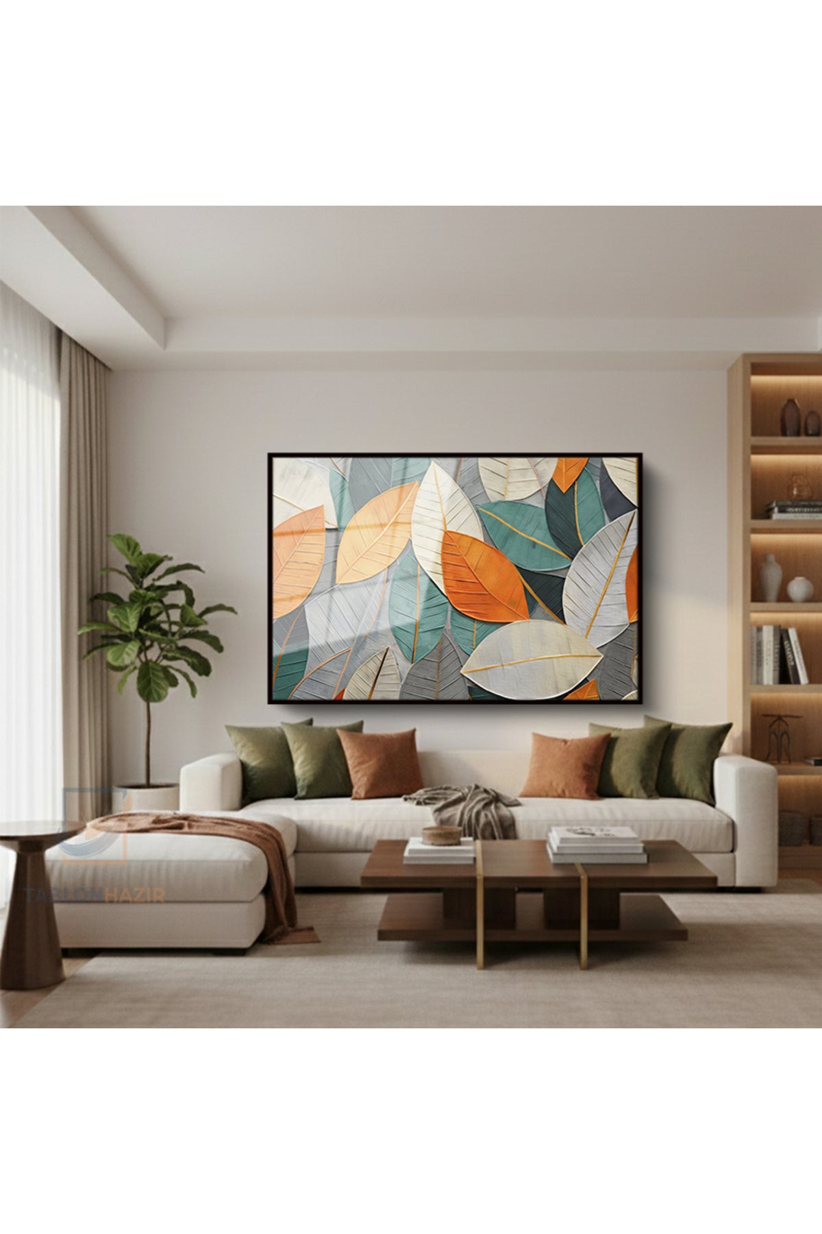Çerçeveli Yatay Cam Tablo Salon Duvar Tablosu Yatay Cam Renkliyapraklar Ofis Tablosu