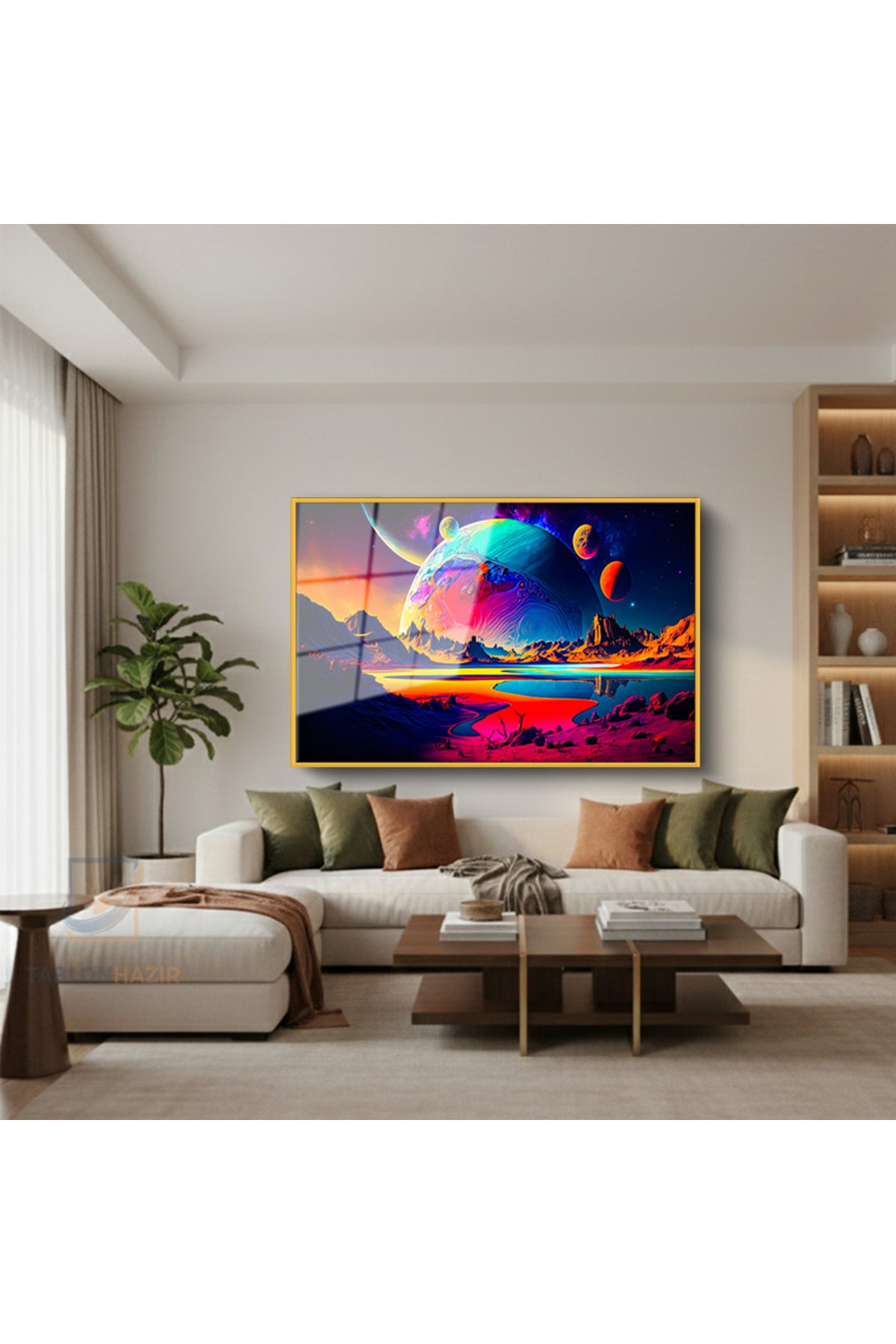Çerçeveli Yatay Cam Tablo Salon Duvar Tablosu Yatay Cam Evren Gezegen Yeni Ev Hediyesi Ofis Tablosu