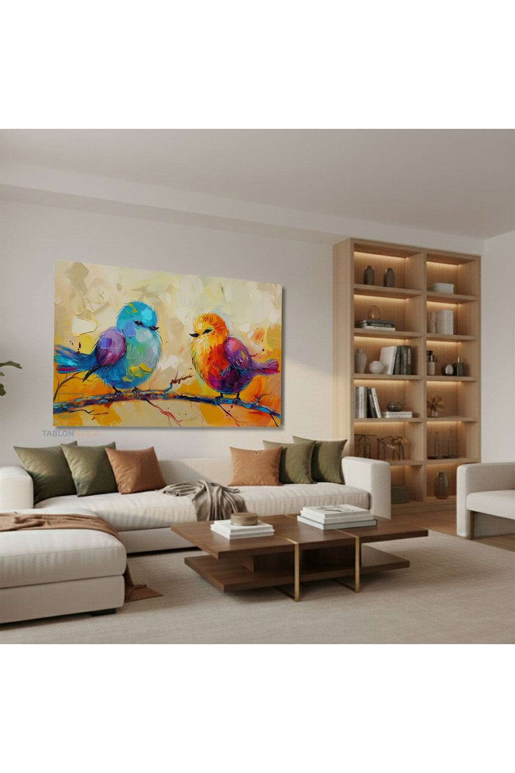 Yatay Kanvas Duvar Tablosu Turuncu Mavi Kuslar Salon Tablosu Ofis Tablosu Ev Hediyesi Dekorasyon