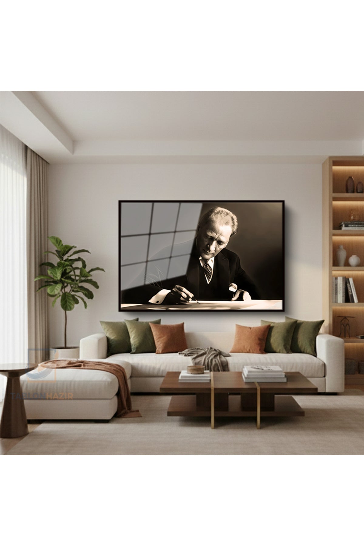 Çerçeveli Yatay Cam Tablo Salon Duvar Tablosu Yatay Cam Ataturk Yazi Yazarken Ofis Tablosu