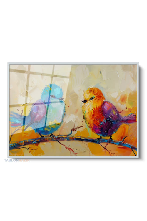 Çerçeveli Yatay Cam Tablo Salon Duvar Tablosu Yatay Cam Turuncu Mavi Kuslar Ofis Tablosu