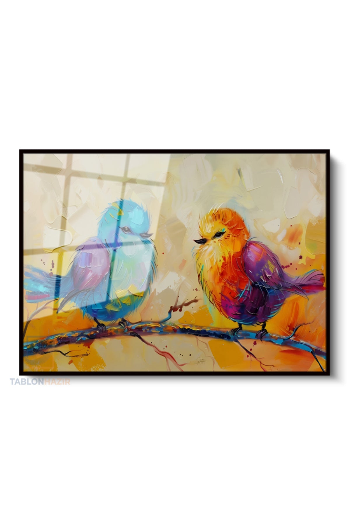 Çerçeveli Yatay Cam Tablo Salon Duvar Tablosu Yatay Cam Renklikuslar Yeni Ev Hediyesi Ofis Tablosu