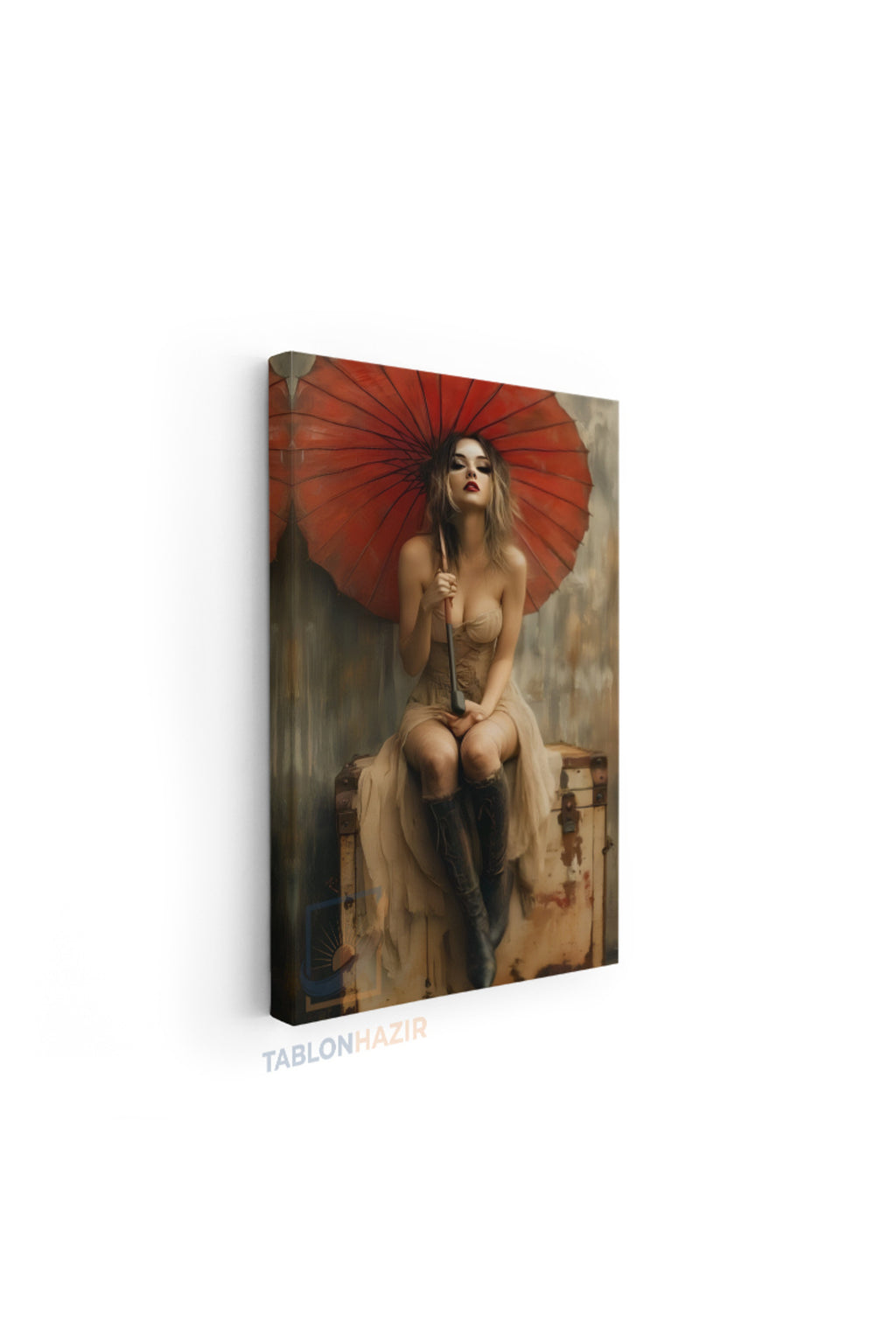 Dikey Kanvas Tablo Salon Duvar Tablosu Kirmizi Semsiyeli Kiz Yeni Ev Hediyesi Ofis Tablosu