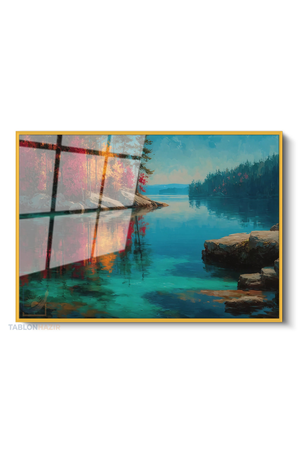 Çerçeveli Yatay Cam Tablo Salon Duvar Tablosu Yatay Cam Sonbahar Gol Yeni Ev Hediyesi Ofis Tablosu