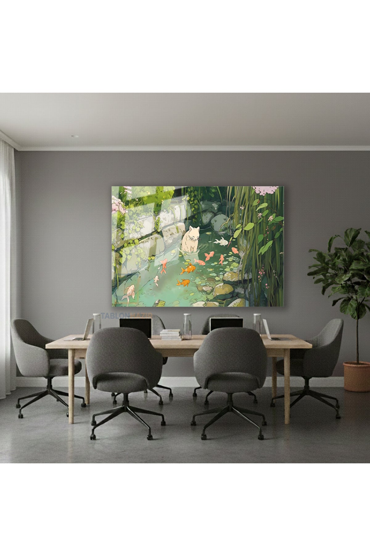 Yatay Cam Tablo Salon Duvar Tablosu Sevimli Beyaz Kedi Yeni Ev Hediyesi Ofis Tablosu