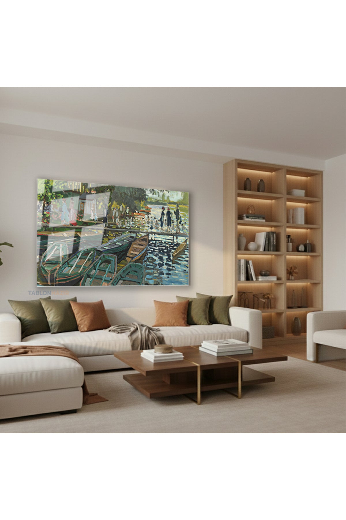 Yatay Cam Tablo Salon Duvar Tablosu Klasik Manzara Kayiklar Yeni Ev Hediyesi Ofis Tablosu