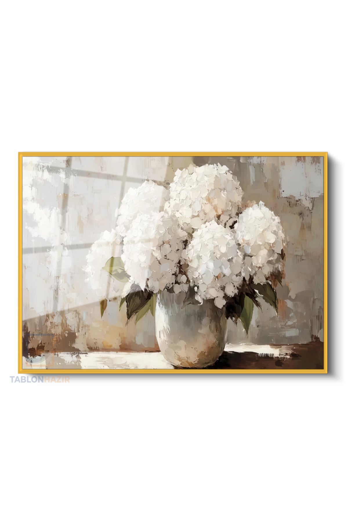 Çerçeveli Yatay Cam Tablo Salon Duvar Tablosu Yatay Cam Vazodabeyazcicekler Ofis Tablosu