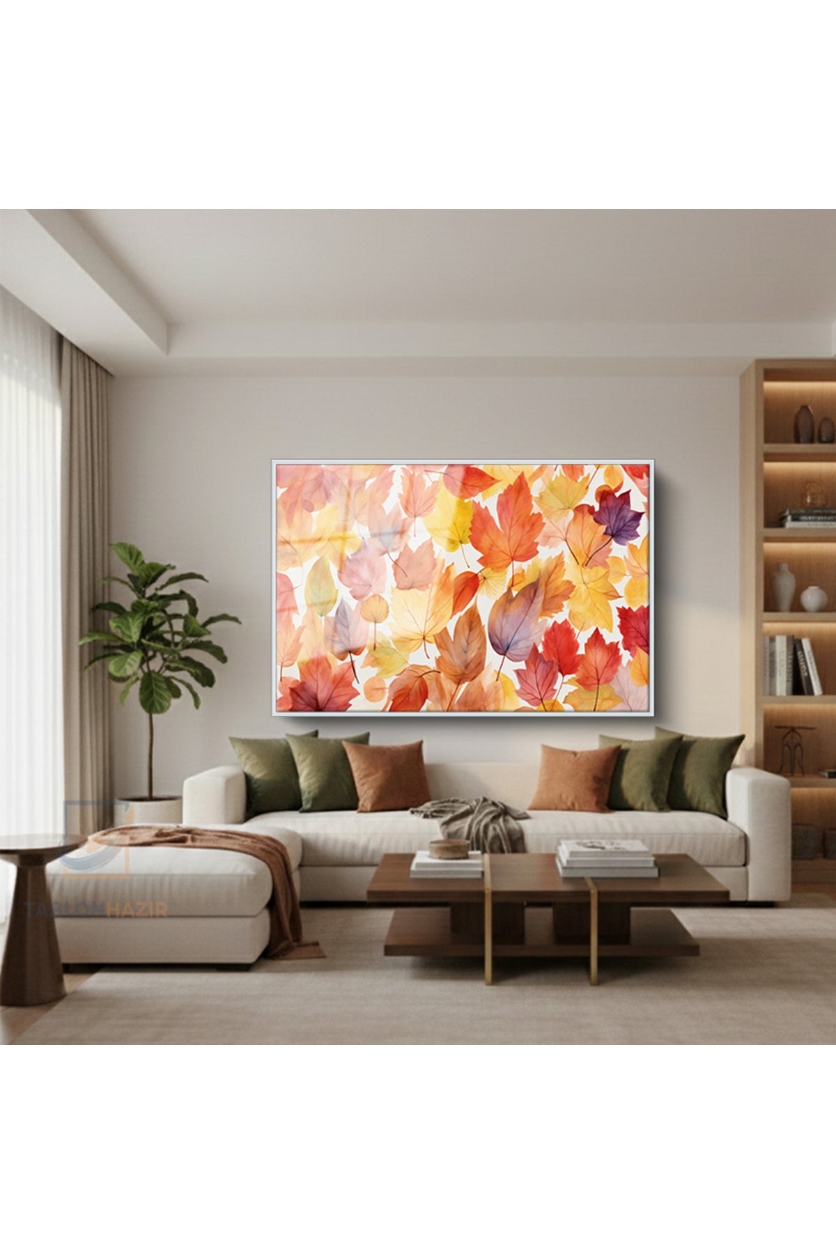 Çerçeveli Yatay Cam Tablo Salon Duvar Tablosu Yatay Cam Sonbaharyapraklari Ofis Tablosu