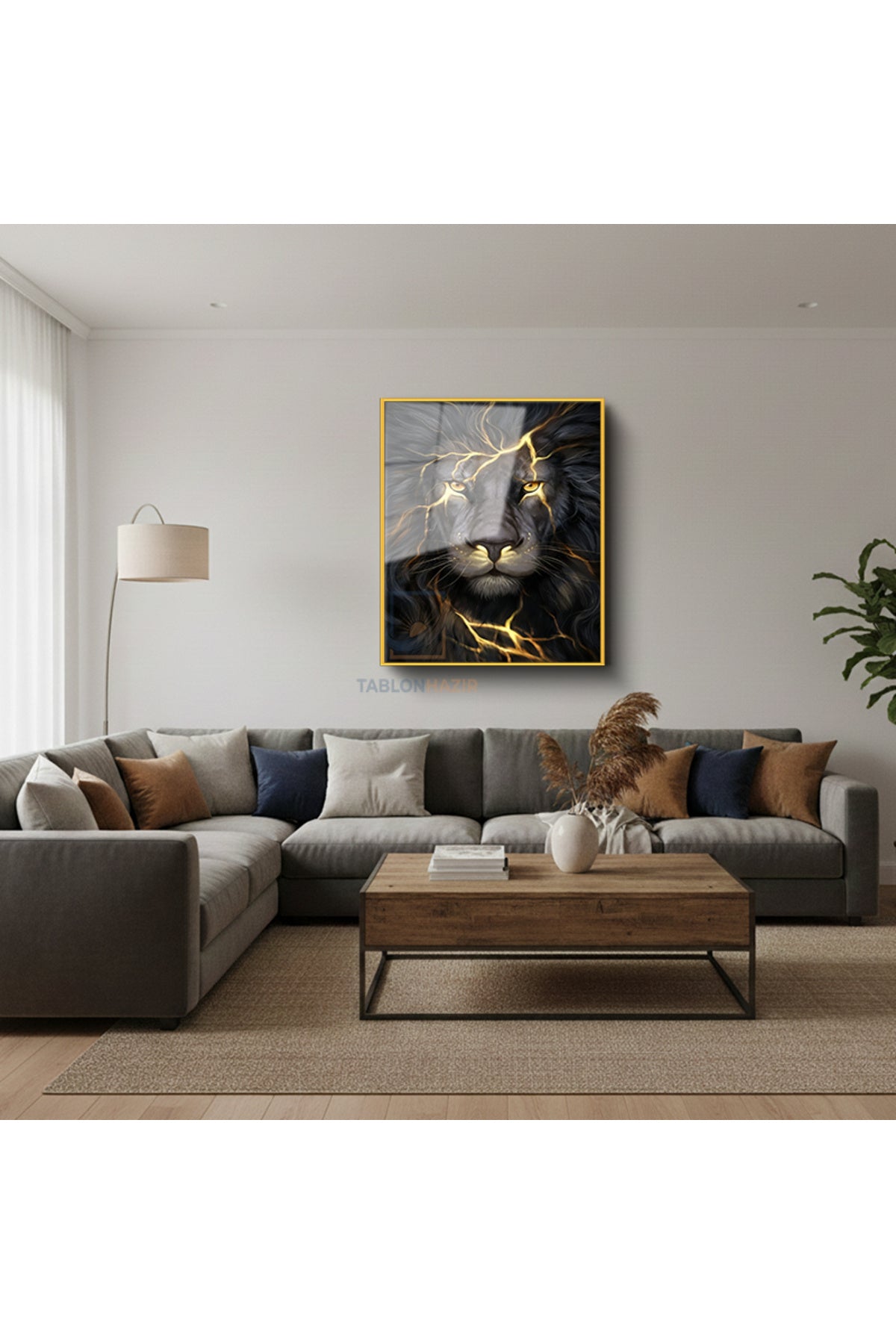 Dikey Çerçeveli Cam Siyah Aslan Modern Ev Dekoru Duvar Sanatı Ev Ofis Tablosu