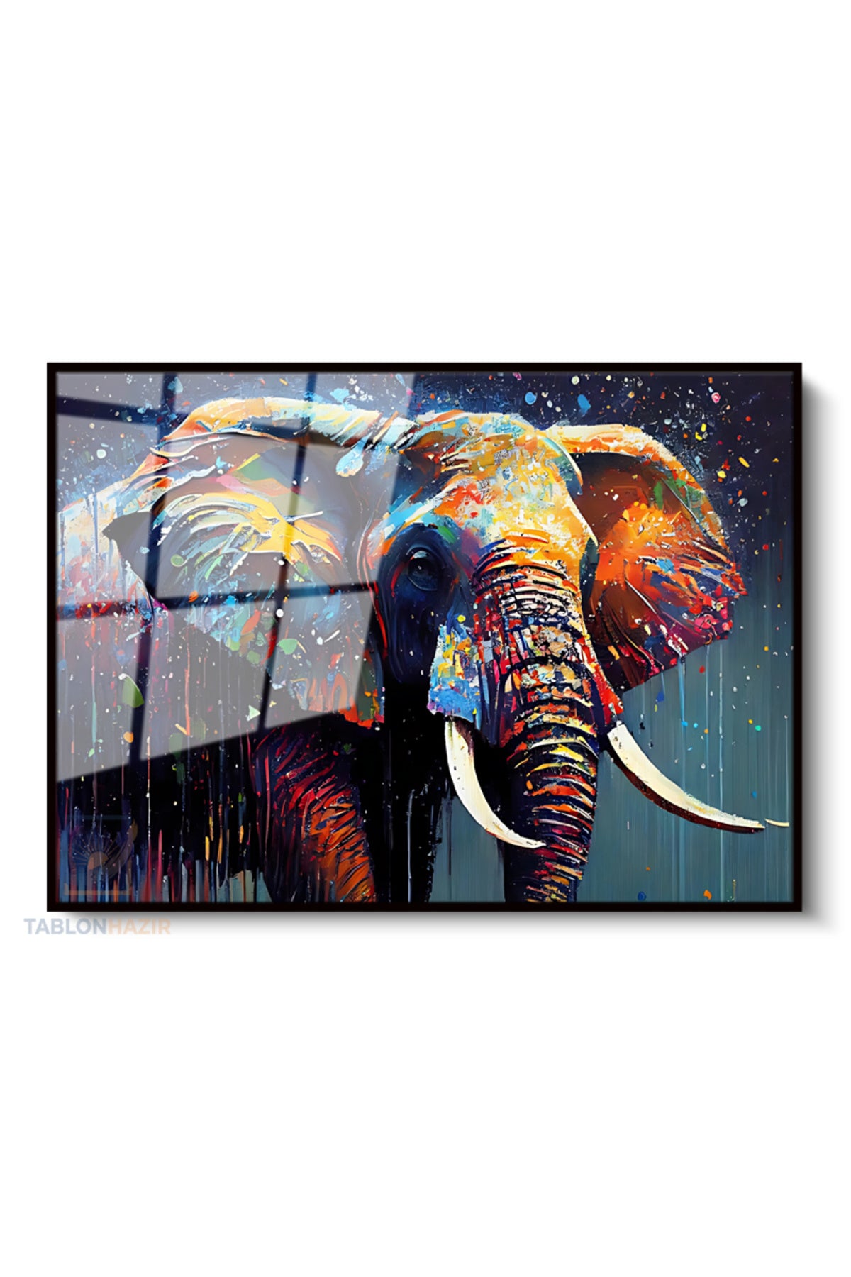 Çerçeveli Yatay Cam Tablo Salon Duvar Tablosu Yatay Cam Renkli Boyali Fil Ofis Tablosu