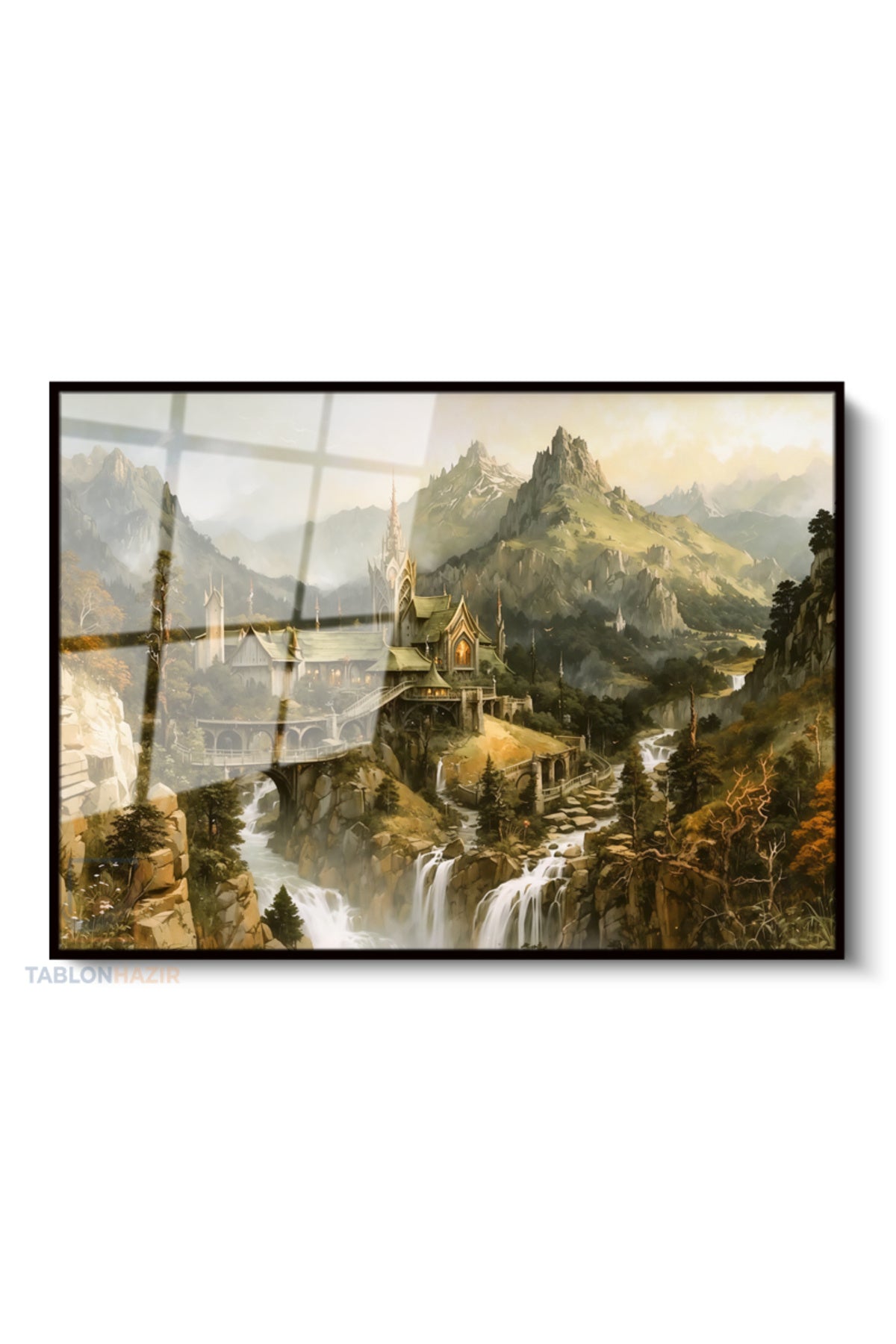 Çerçeveli Yatay Cam Tablo Salon Duvar Tablosu Yatay Cam Rivendell Lotr 3 Ofis Tablosu