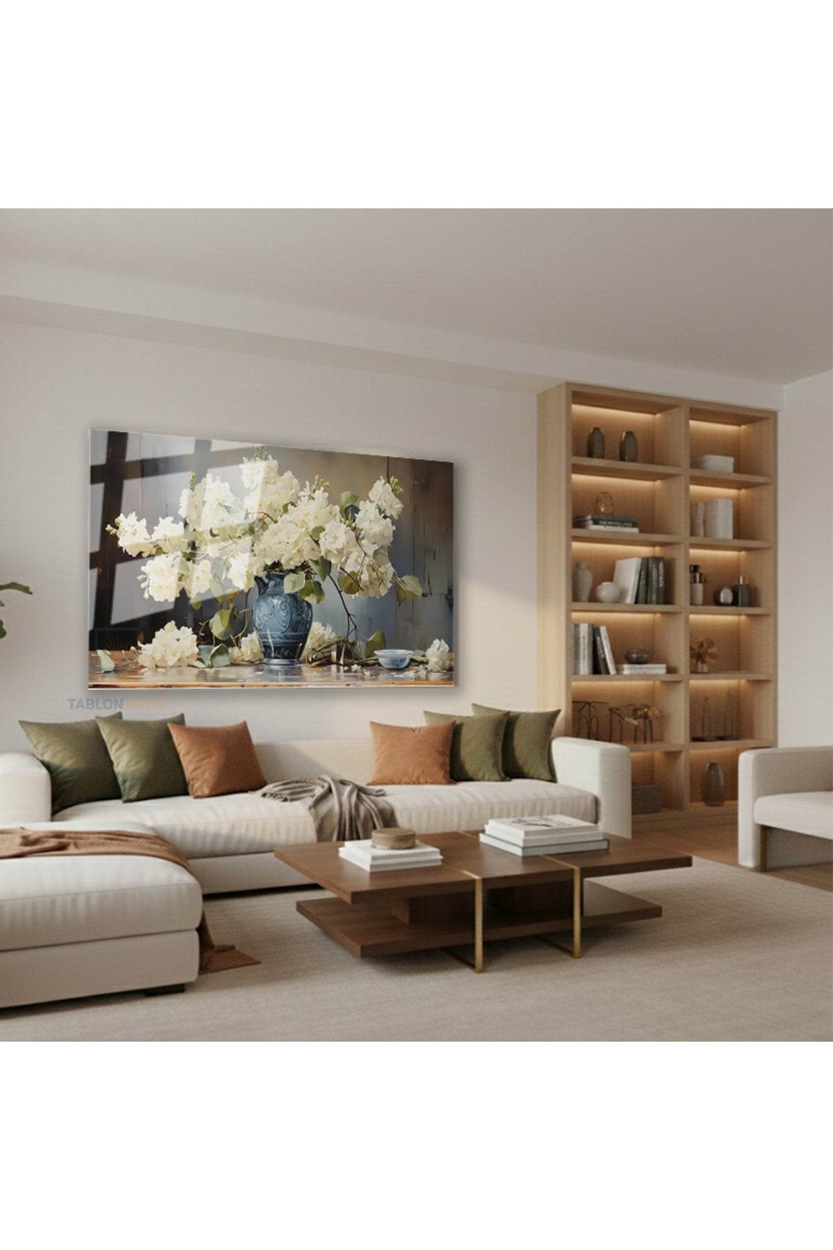 Yatay Cam Tablo Salon Duvar Tablosu Yatay Cam Vazodabeyazcicekler2 Yeni Ev Hediyesi Ofis Tablosu