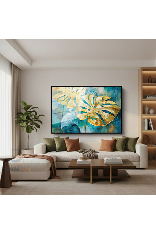 Çerçeveli Yatay Cam Tablo Salon Duvar Tablosu Yatay Cam Altinyaprakmavi Ofis Tablosu